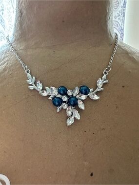 Silver Necklace with Blue Stone and Clear Crystal Accents - Women Jewelry
